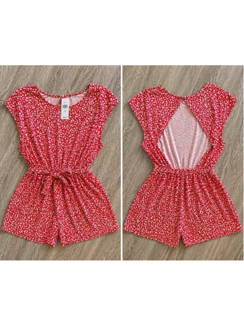 LOFT Red Floral Romper XS Tie Waist Open Back Short Sleeve NWT $89.50